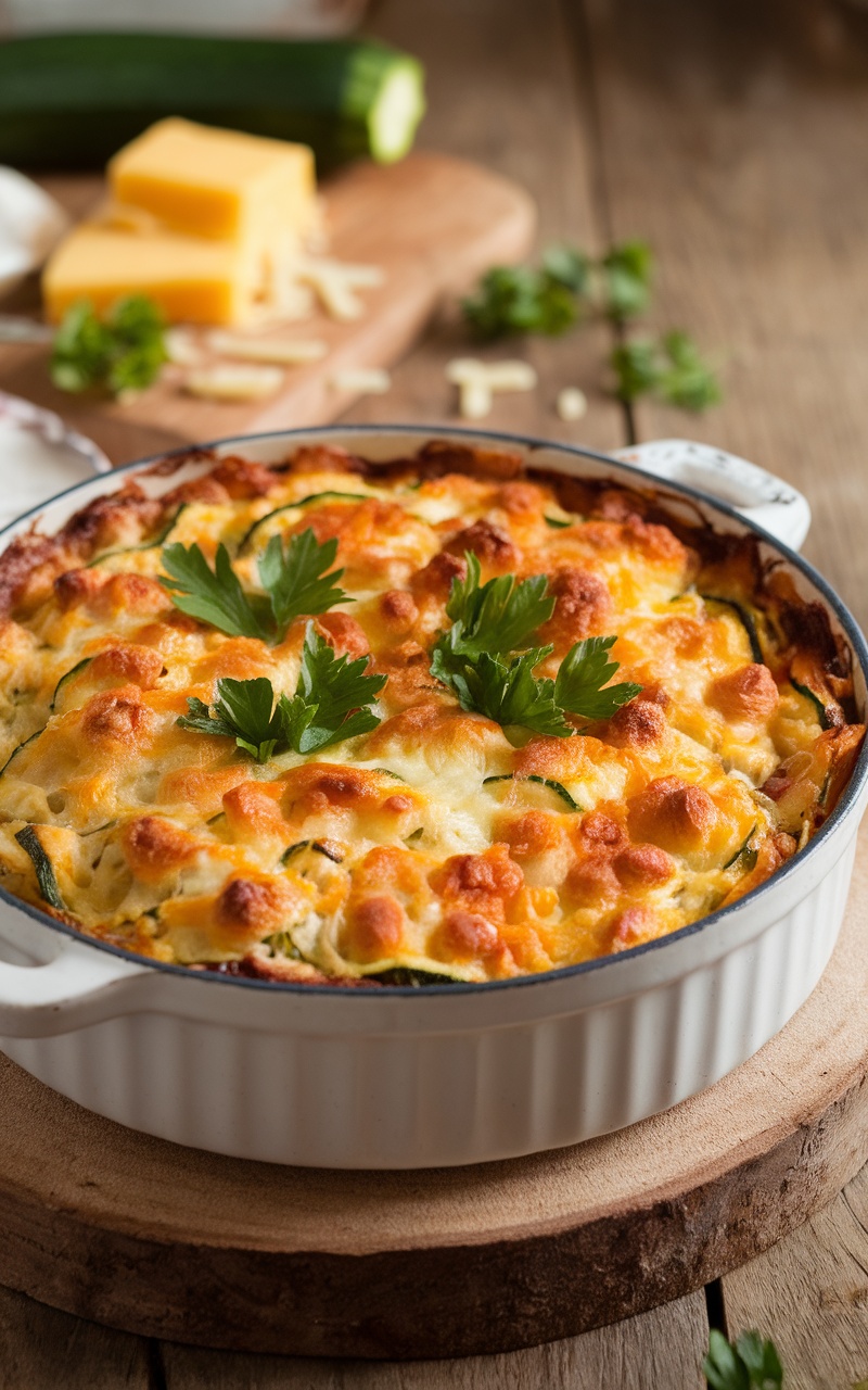 Creamy Keto Zucchini Casserole Recipe A golden brown baked zucchini casserole with melted cheese, garnished with parsley, on a wooden table.